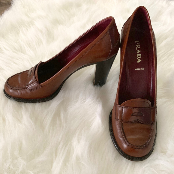 Prada Shoes - Prada Leather Brown Penny Loafer Pumps